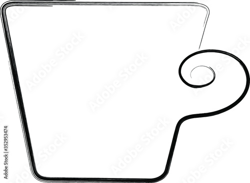 The cup is drawn in black outline, doodle style image. Beautiful design saver for a cafe, an icon for tea or coffee.