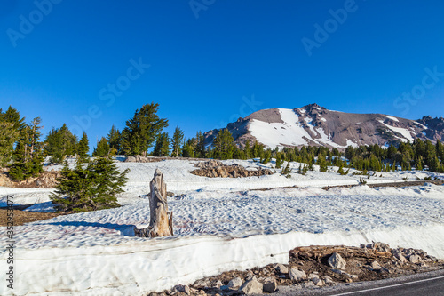 snow on Mount Lassen in the Lassen volcanic national Park