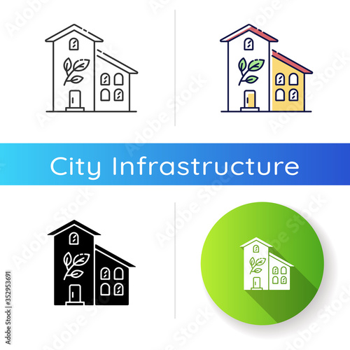 Green building icon. Sustainable development. Eco friendly real estate. Greenhouse exterior. Efficient building to reduce power use. Linear black and RGB color styles. Isolated vector illustrations