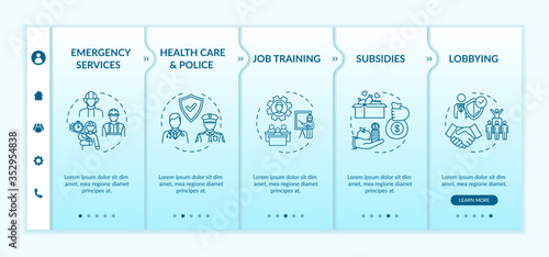 Public service onboarding vector template. Health care, emergency service. Government support. Responsive mobile website with icons. Webpage walkthrough step screens. RGB color concept
