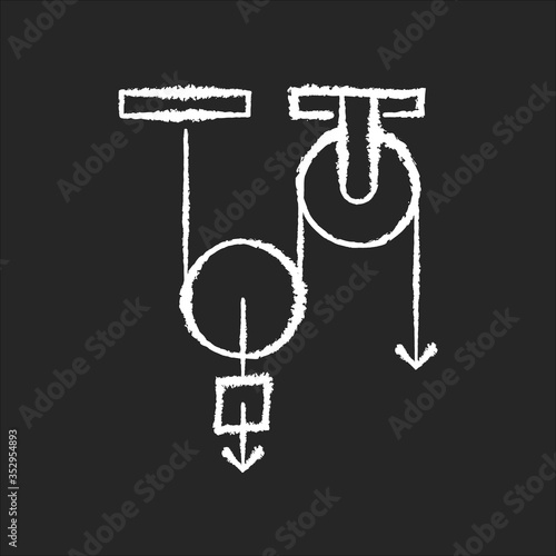 Physics chalk white icon on black background. Fundamental natural science, mechanics. Traditional scientific field of study. School physical experiment. Isolated vector chalkboard illustration