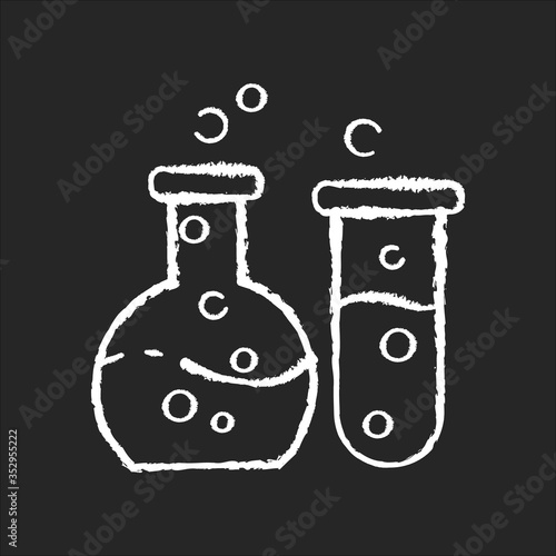 Chemistry chalk white icon on black background. Fundamental science, natural scientific discipline. Biochemistry, chemical analysis. Laboratory glassware Isolated vector chalkboard illustration