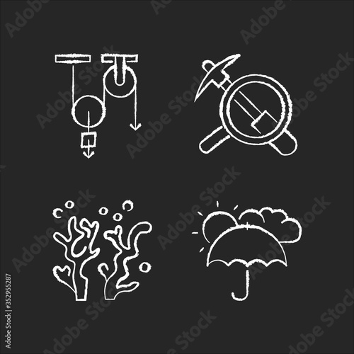 Physical and life sciences chalk white icons set on black background. Formal and natural scientific fields. Physics, geology, oceanology and meteorology. Isolated vector chalkboard illustrations