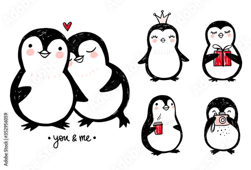 Doodle penguins, hand drawn set of funny animals. Vector Penguin character in sketch style.