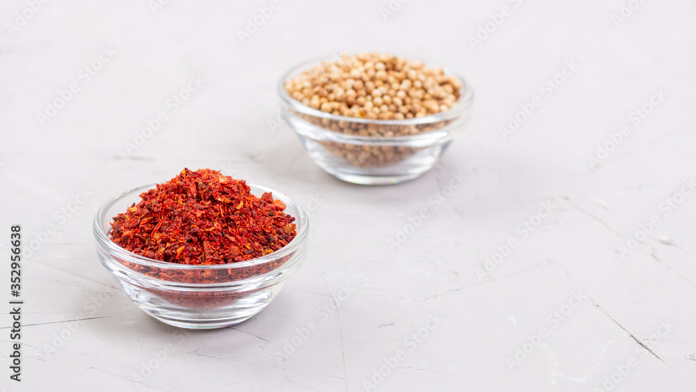 Moroccan spice Harissa and coriander in a glass plates Moroccan spice Harissa and coriander in a glass plates