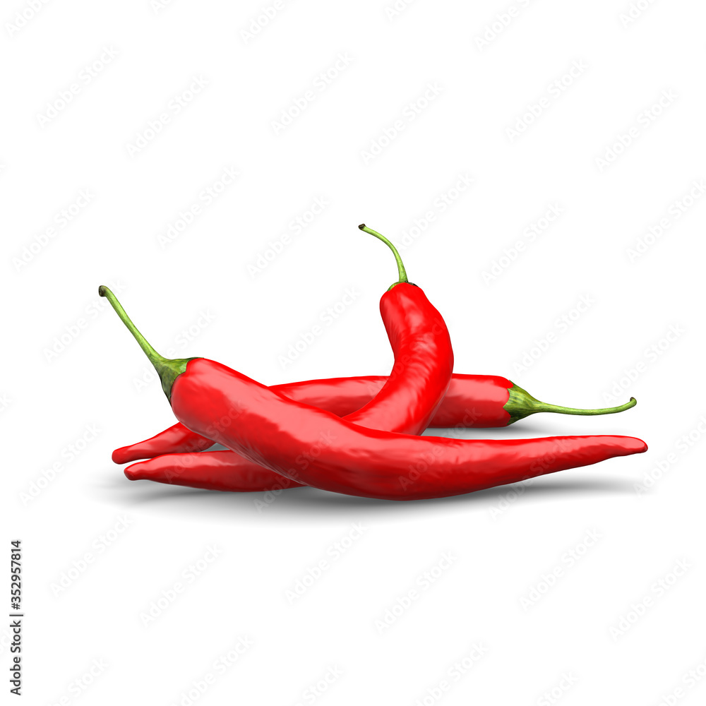 Red chili realistic 3d model rendering on white background.