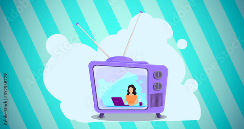 Vector illustration of a retro TV. TV with antennas and a live host