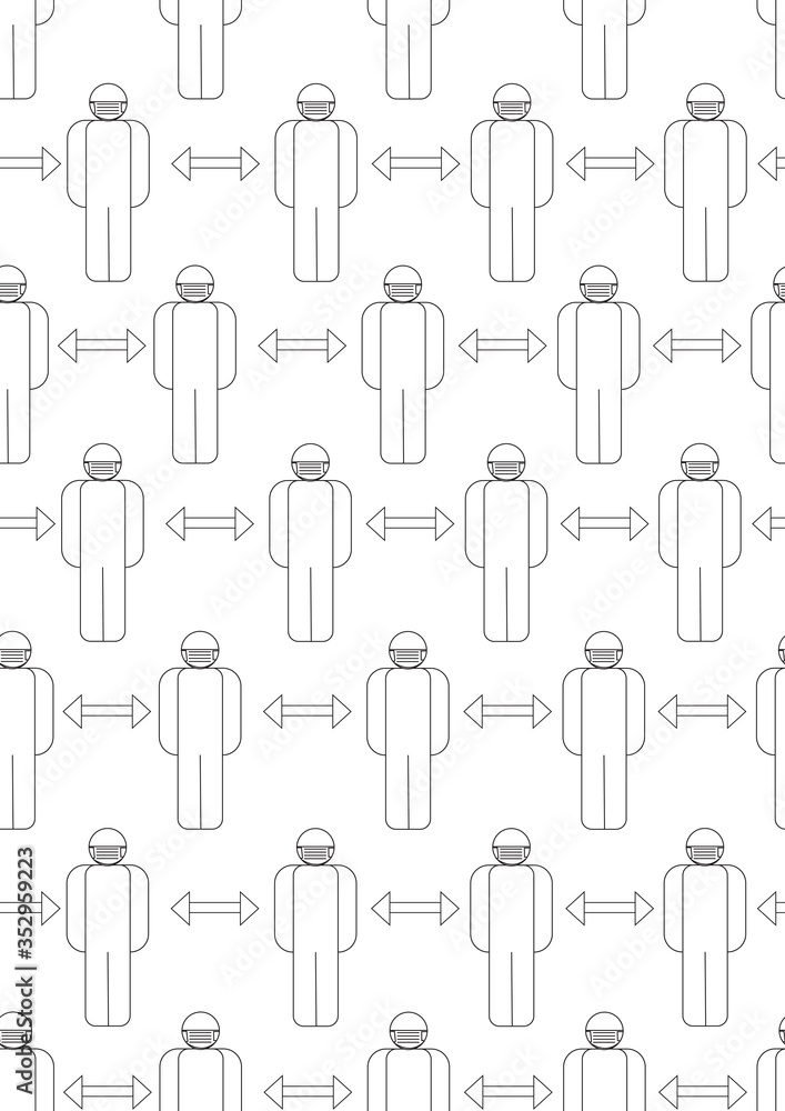 Seamless pattern with people in facial masks and the distance between them, outline vector-wound stockoks illustration by persons during an epidemic or pandemic in A4 format Seamless pattern with people in facial masks and the distance between them, outline vector-wound stockoks illustration by persons during an epidemic or pandemic in A4 format
