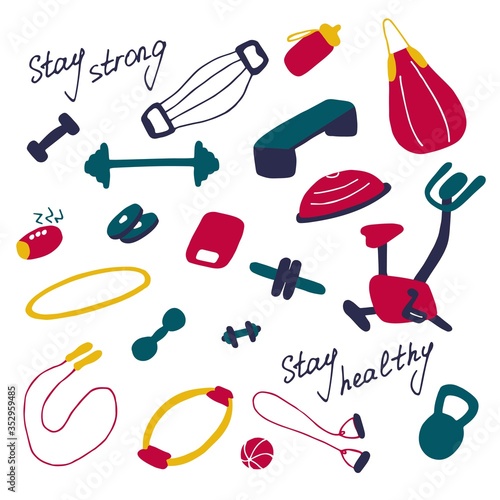 Simple icons of sports goods and accessories. Fitness at home, home workout. Flat vector illustration