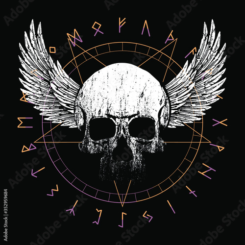 T-shirt vector design of a skull over an inverted star and runic characters isolated on black