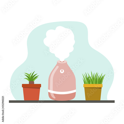 A portable humidifier air diffuser and home plants. Vector illustration.