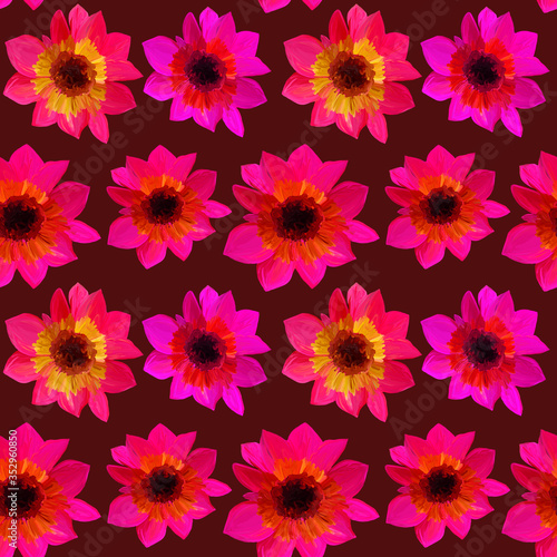 Seamless pattern of asters on burgundy background. Seamless floral pattern of gouache paints. Beautiful original pattern for design and decoration