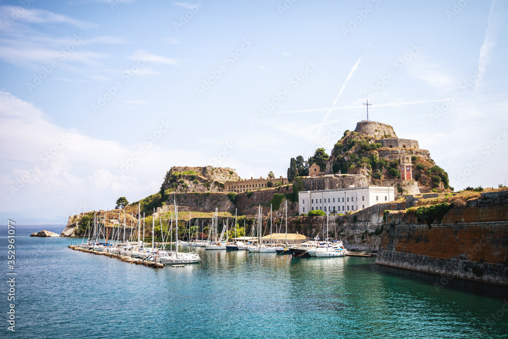 CORFU, GREECE - 10.09.2019 - The old Venetian fortress and clock tower Kerkyra city