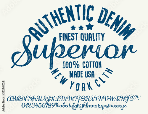 Vintage brush script lettering font. Handwritten calligraphic alphabet for t-shirt or apparel. Textured unique brush in alphabet style.Old school vector graphic for fashion and printing.