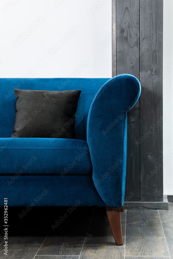 Blue Sofa in the room with white walls.