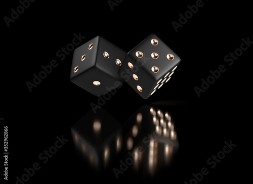 Poker dice. View of golden white dice. Casino gold dice on black background. Online casino dice gambling concept isolated on black