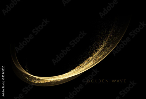 Abstract shiny color gold wave design element with glitter effect on dark background. Vector illustration