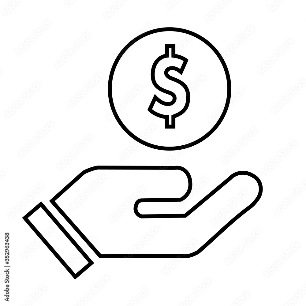 Hand with dollar solid icon. Palm holding coin symbol, glyph style pictogram on white background. Money sign for mobile concept and web design. Vector Hand with dollar solid icon. Palm holding coin symbol, glyph style pictogram on white background. Money sign for mobile concept and web design. Vector