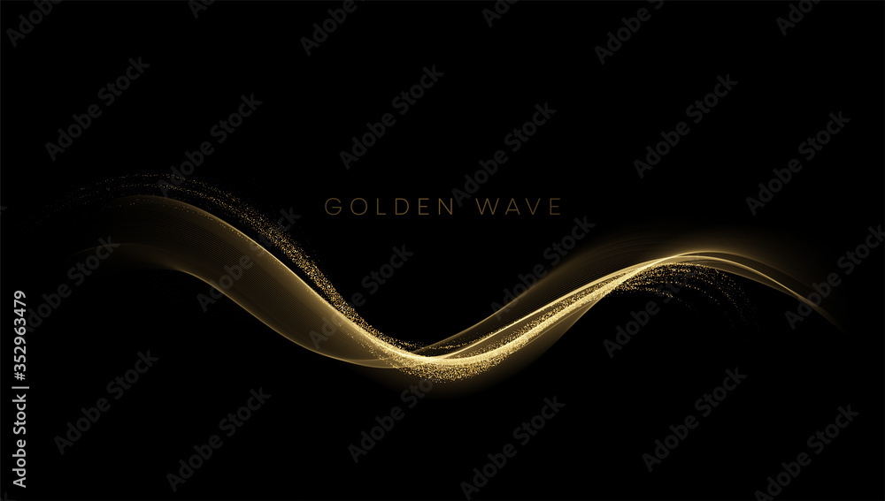 Crédence de cuisine avec Abstract shiny color gold wave design element with glitter effect on dark background. Vector illustration #352963479