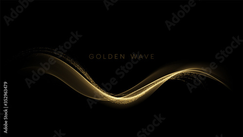 Abstract shiny color gold wave design element with glitter effect on dark background. Vector illustration