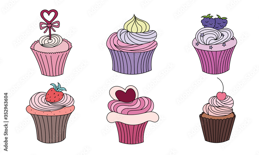 Set of hand drawn cupcakes with different decoration