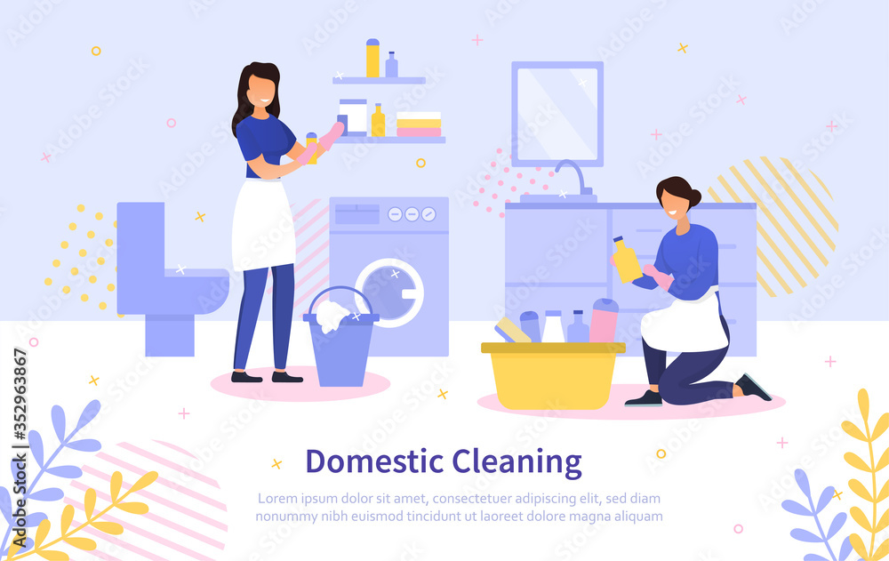 Domestic cleaning concept with two housewives or cleaners in aprons doing laundry and cleaning the living room, colored vector illustration