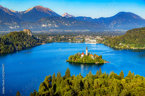 Lake Bled with famous St. Marys Church of Assumption and Karawank mountain range