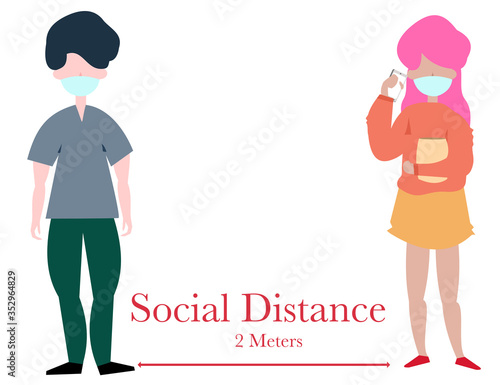 Social distancing flat style vector illustration. Man and women distance 2 meters 