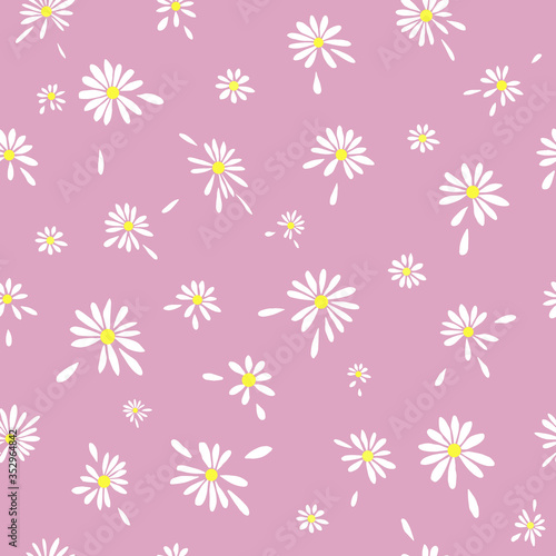 Daisies Pattern for clothes Graphic Vector Print. White daisies seamless vector pattern on a pink background. Daisy in flat design.Simple daisy flower hand-drawn