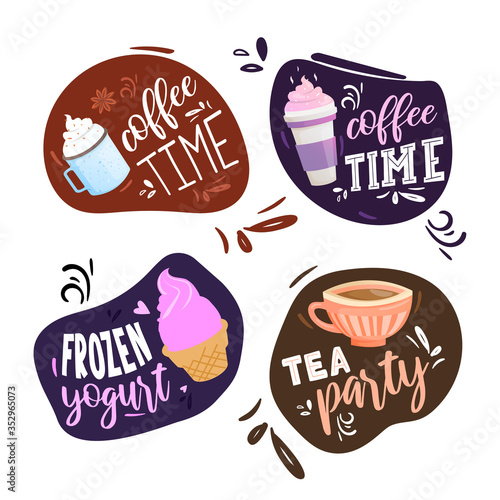 Coffee tea time labels set with text and cup.