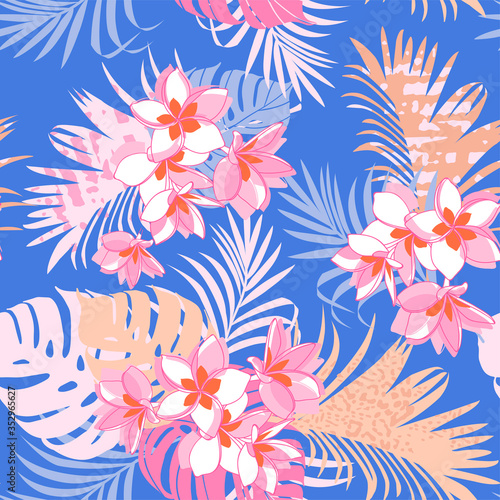 Seamless exotic pattern with tropical leaves and plumeria flowers. Vector hand draw background. 