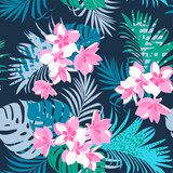Seamless exotic pattern with tropical leaves and  plumeria flowers. Vector hand draw grey-blue beige brown background. Banner with tropic summertime topic wrapping paper, bed linen ,textile 