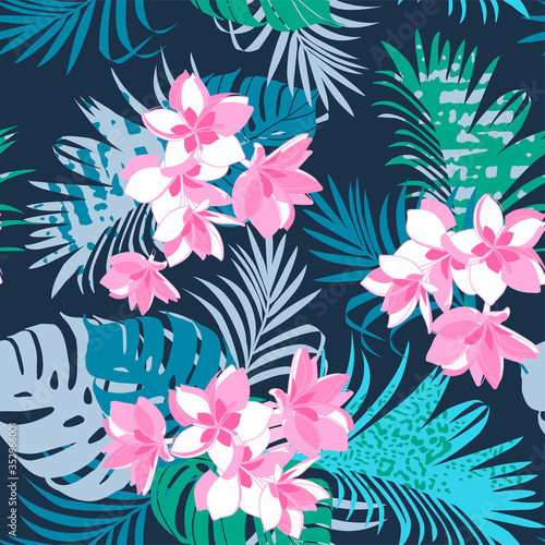 Seamless exotic pattern with tropical leaves and plumeria flowers. Vector hand draw grey-blue beige brown background. Banner with tropic summertime topic wrapping paper, bed linen ,textile 