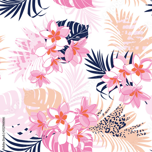 Seamless  pink beige background with couple of birds on flower bouquets and tropical leaves on white background. Pattern with plants and birds.  © Aglaia