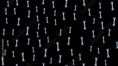 Texture, seamless pattern of metal iron blue gas spanners, metalworker building repair for loosening and tightening the nuts and bolts on a black background. Vector illustration