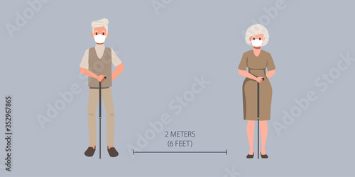 Older couple people maintain social distancing and wearing a face mask. New normal lifestyle in daily after Coronavirus outbreak. 