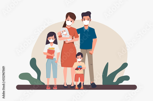 Family people wearing face mask. Coronavirus 2019-nCove prevention. New normal lifestyle concept.