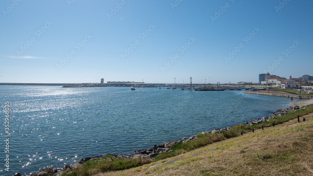 View over harbour of Povoa de Varzim, Portugal on a bright sunny day in summer