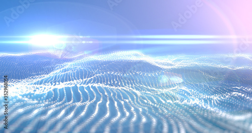 Beautiful and dreamy sci-fi digital landscape with dotted waves in white and blue background with lens flares.