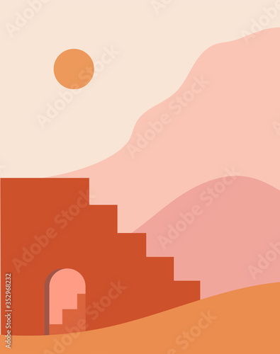 Tableau sur toile Abstract contemporary aesthetic background with landscape, desert, stairs, mountains, Sun