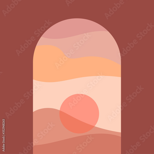 Photographie Abstract contemporary aesthetic background with landscape, desert, mountains, Sun