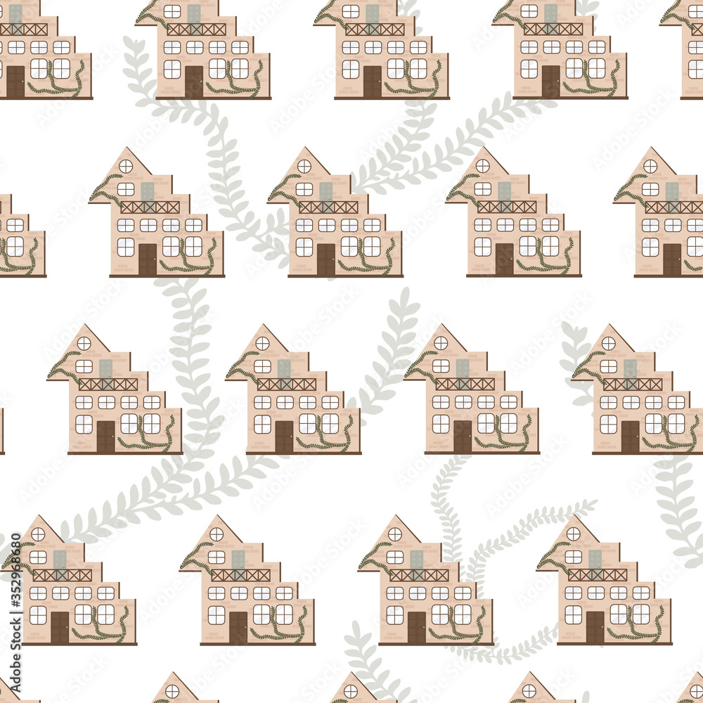 Fototapeta premium Seamless pattern of brick apartment building with windows and a balcony. Vector illustration of house in the form of steps braided by ivy for background, wallpaper, wrapping paper.