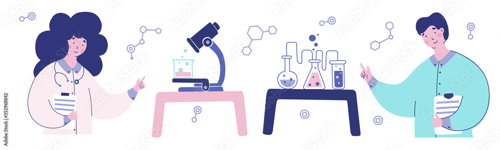 Obraz premium Illustration medical lab, research experiment biology molecular, Vector illustration, flat design.