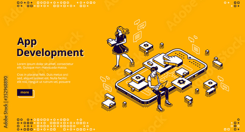 Mobile app development isometric landing page. User experience, ui ux phone interface design creation. Tiny people at huge smartphone work on gadget software application, 3d vector line art web banner