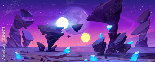 Alien planet landscape for space game background. Vector cartoon fantasy illustration of cosmos and planet surface with rocks, shiny blue crystals, satellites and stars in night sky