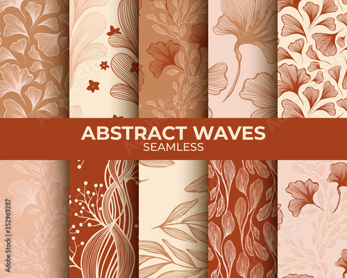 Abstract Neutral Botanical Seamless Patterns set in Light Neutral Desert Colors. Line art flowers leaves collection, feminine minimalistic clean hand drawn vector lines for fabric textile design