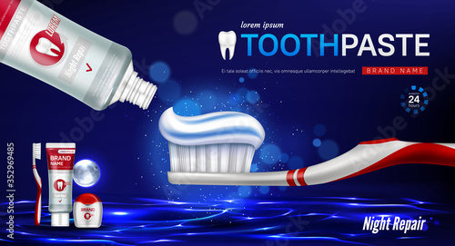 Toothpaste, brush, dental floss and tooth on glowing water surface at nighttime. Brand poster with dental care product, night repair mouthwash. Advertising promo banner, Realistic 3d vector background