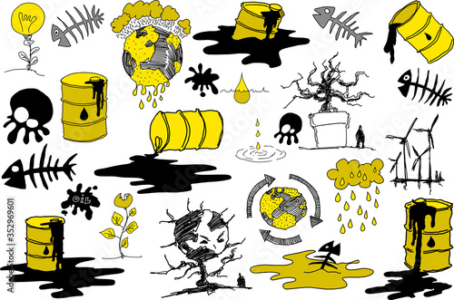 many hand drawn sketches of topics regarding nature and environment and ecology and planet earth and weather and pollution 