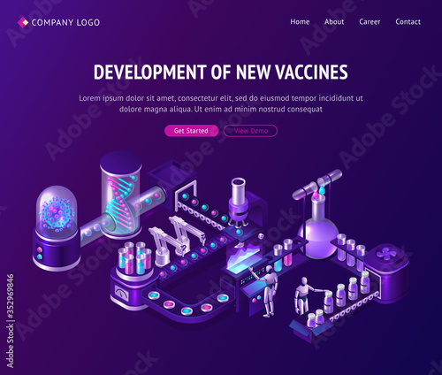 Vaccine development in laboratory isometric landing page, ai cyborgs managing conveyor belt with robotics arms, covid19 virus cell, medical bottles and huge dna spiral projection, 3d vector web banner