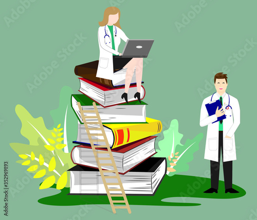 medicine and education concept. young female and male doctor. Flat modern vector of online education and medical students.